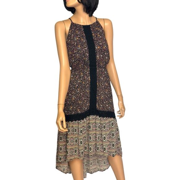 Boho Hi Low Halter Dress XS Brown Floral Dark Prairie Earthy Whimsigoth Hippie - Picture 3 of 16